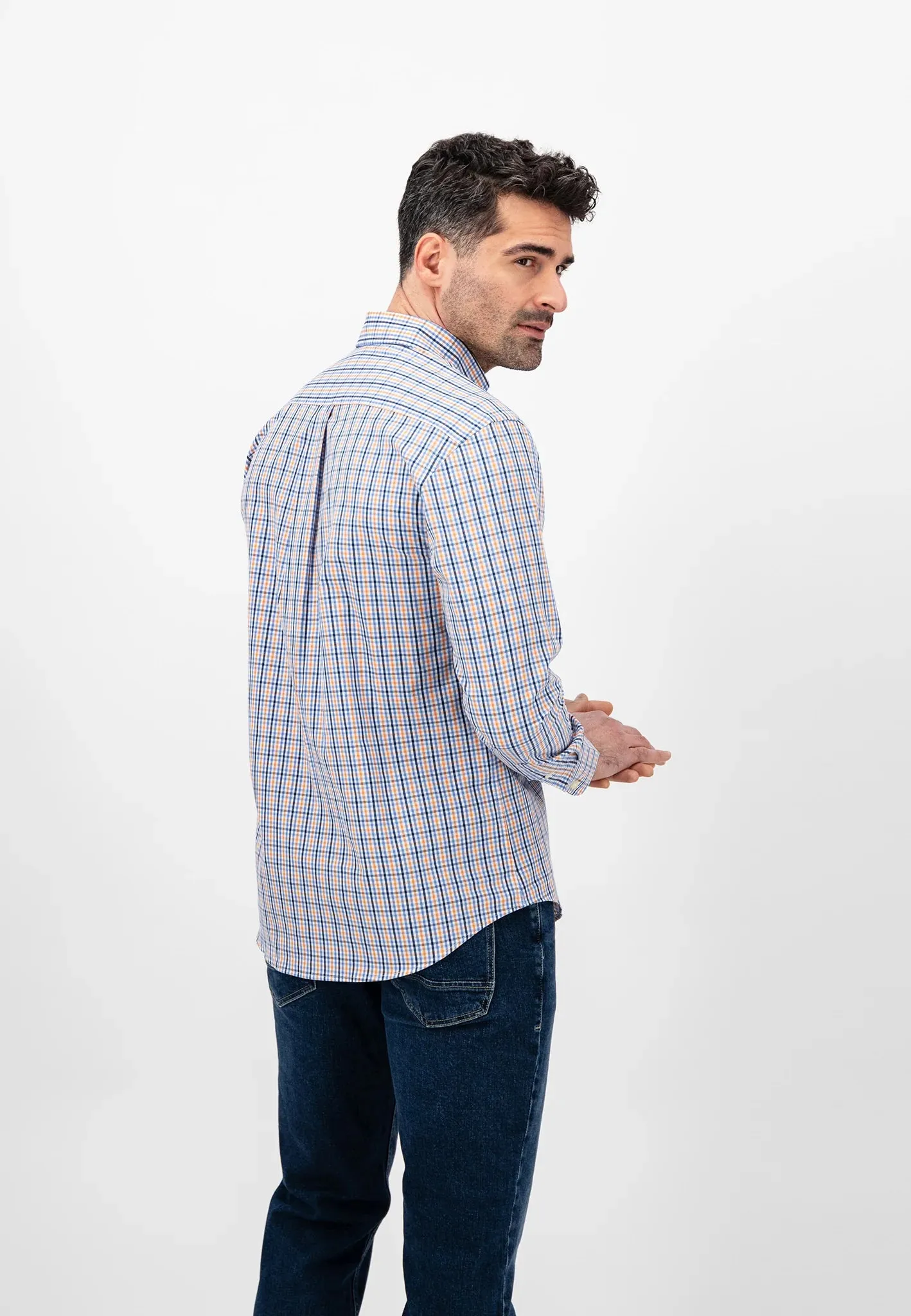 FYNCH HATTON Pure Cotton Shirt - Men's – Blue / Papaya Check