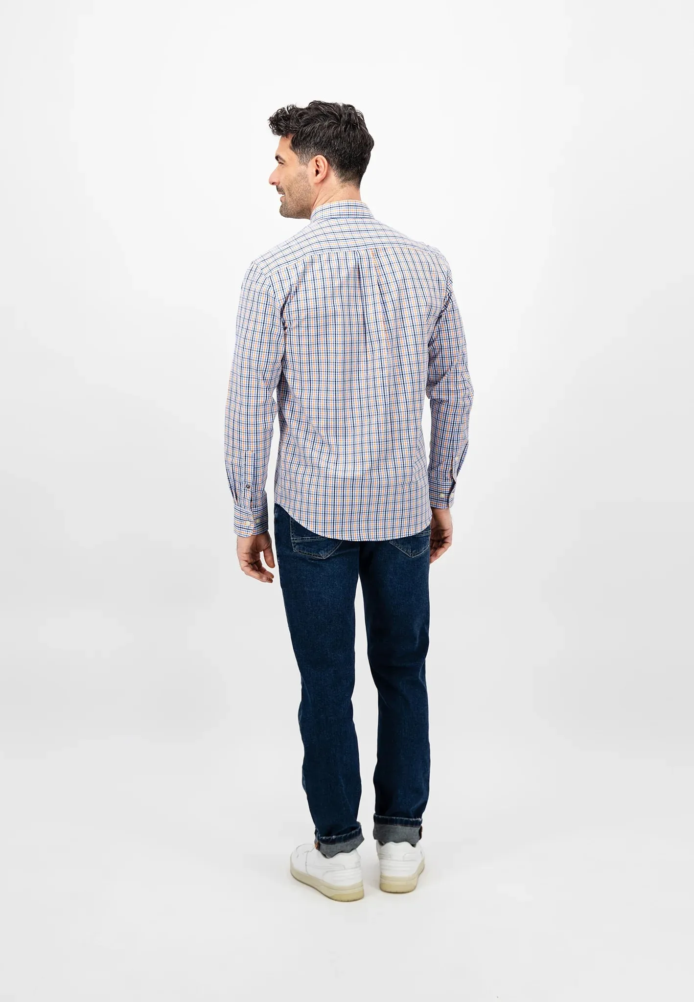 FYNCH HATTON Pure Cotton Shirt - Men's – Blue / Papaya Check