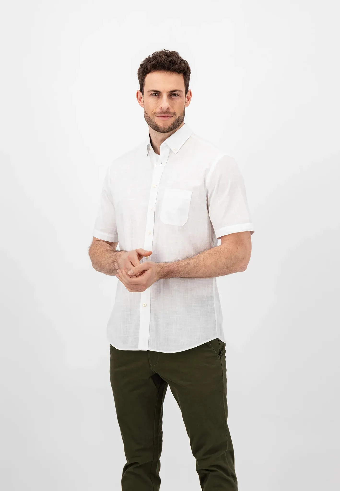 FYNCH HATTON Short-Sleeve Shirt - Men's Slub Cotton – White