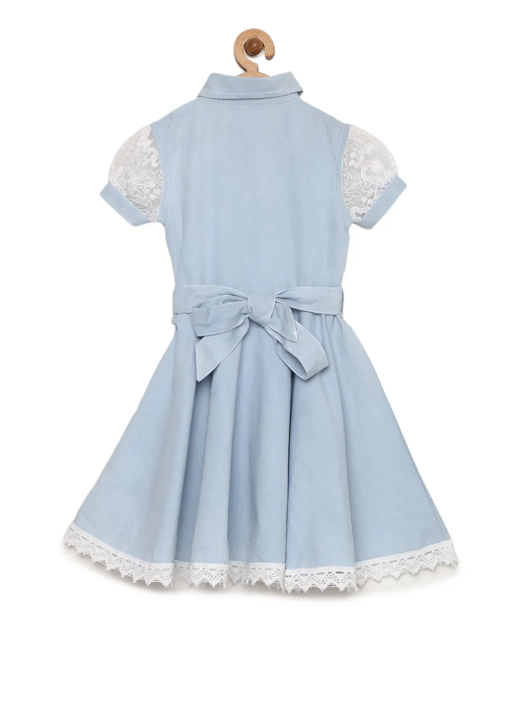 Girl's  Denim Lace Bodice Dress With Belt - StyleStone Kid