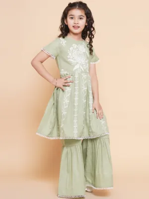 Girl's Light Green  Floral Embroidered  Kurta With Sharara - Bitiya By Bhama