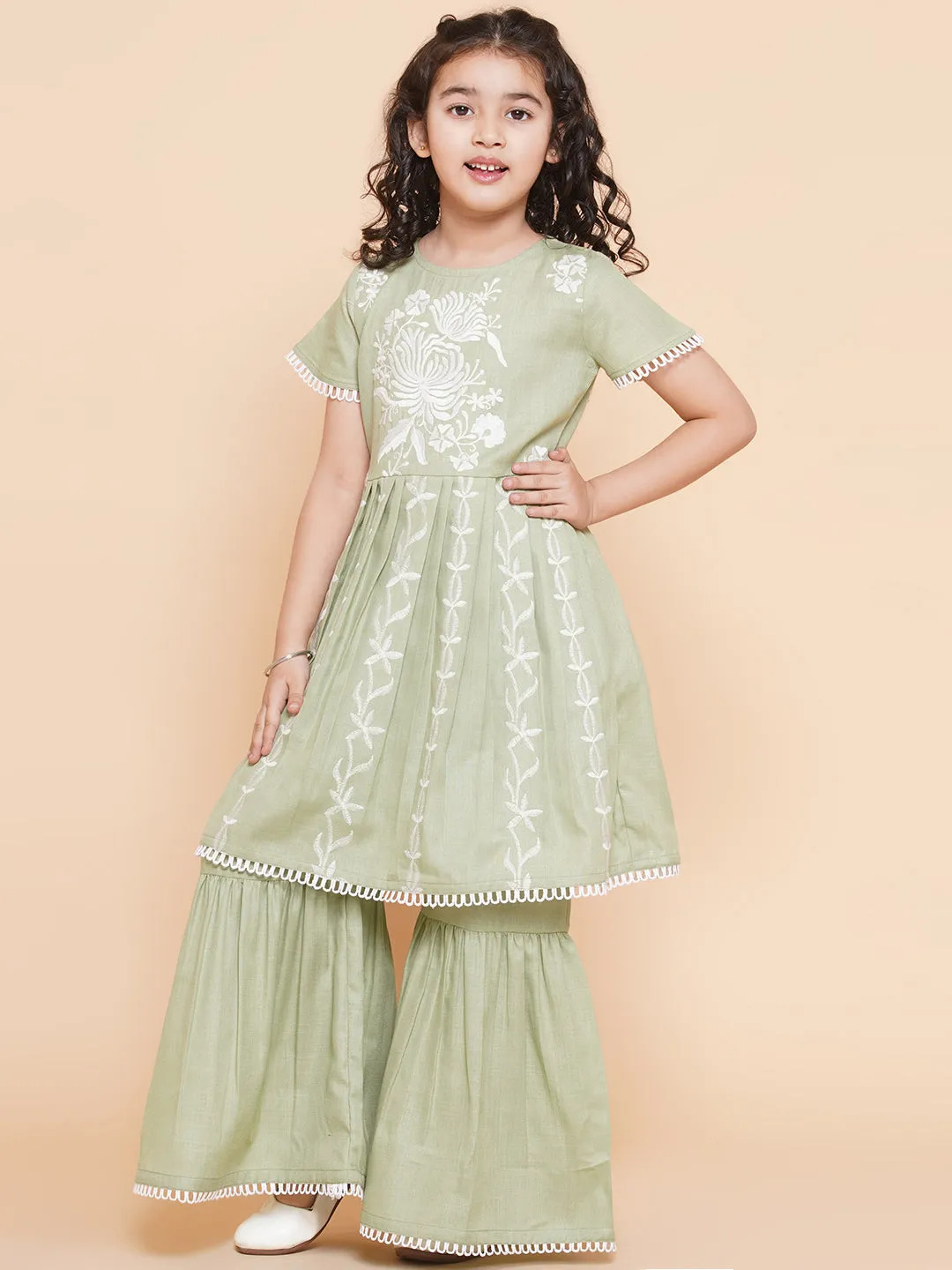 Girl's Light Green  Floral Embroidered  Kurta With Sharara - Bitiya By Bhama