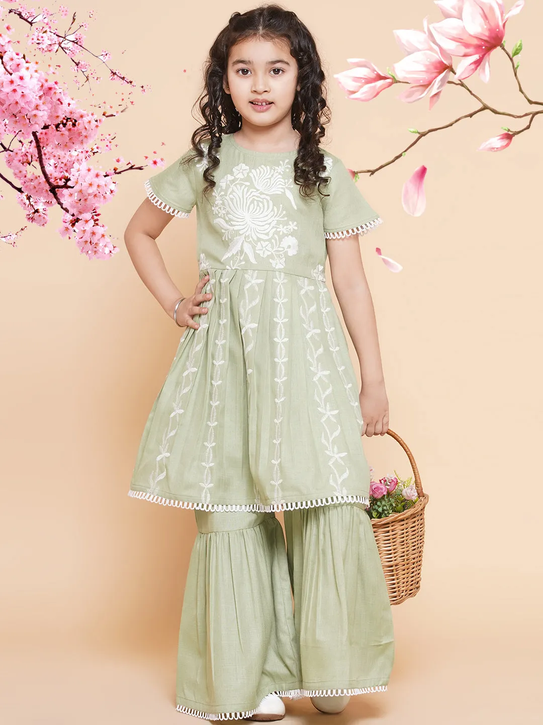 Girl's Light Green  Floral Embroidered  Kurta With Sharara - Bitiya By Bhama