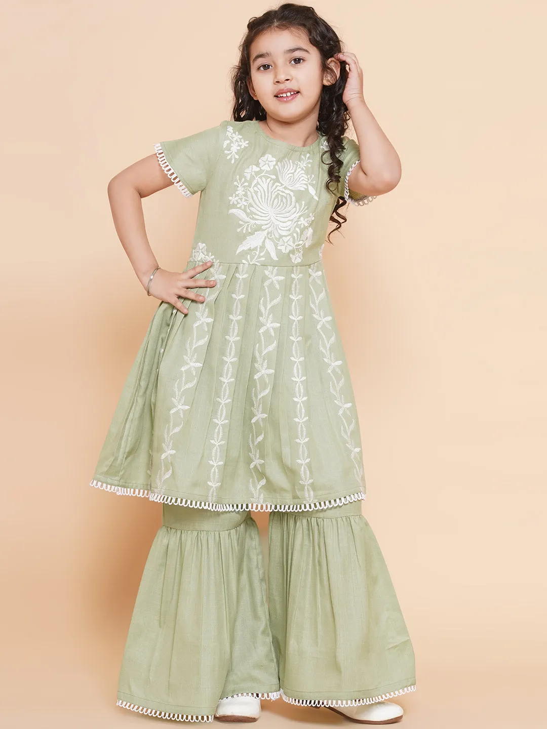 Girl's Light Green  Floral Embroidered  Kurta With Sharara - Bitiya By Bhama