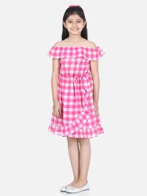 Girl's Pink Check Polyester Off Shoulder Dress - StyleStone Kid