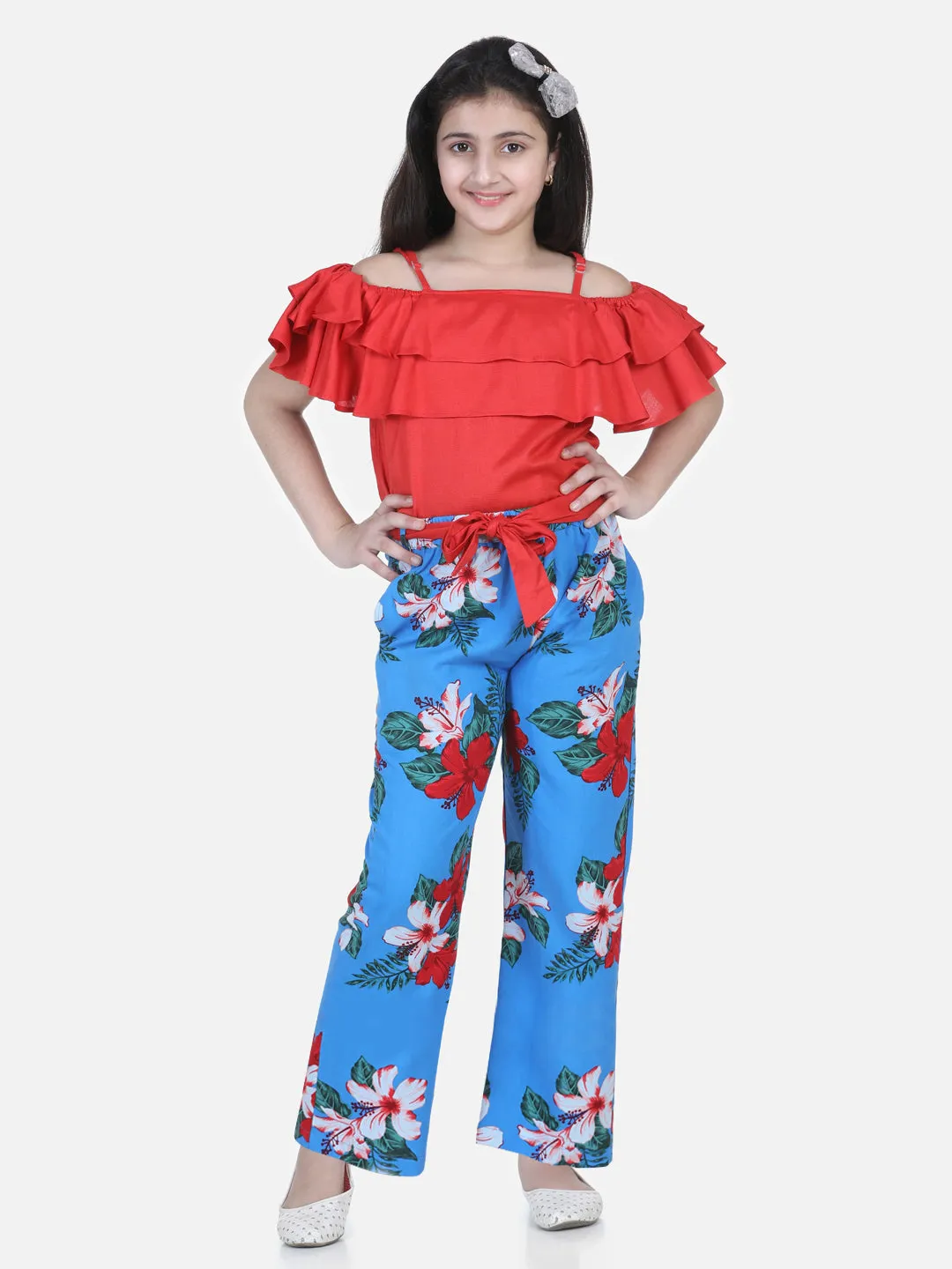 Girl's Red And Blue Floral Printed Top And Trouser Set - StyleStone Kid