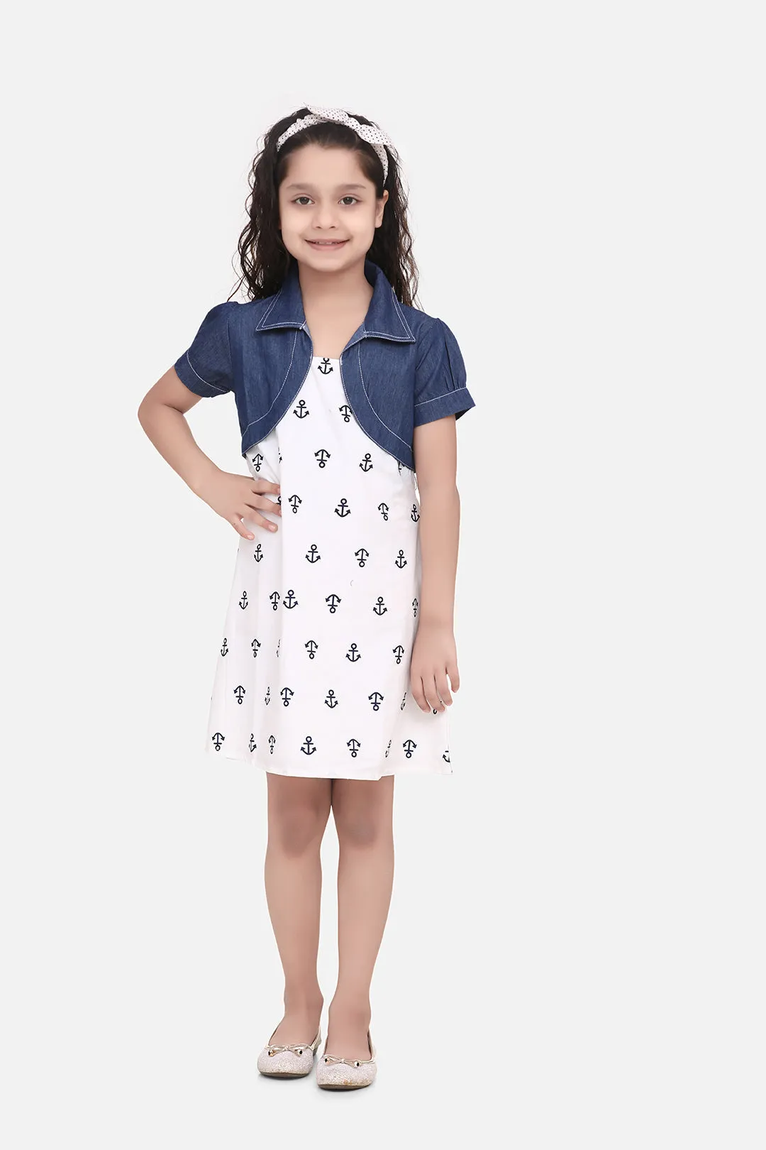 Girl's  White And Blue Anchor Printed Dress With Attached Denim Shrug - StyleStone Kid