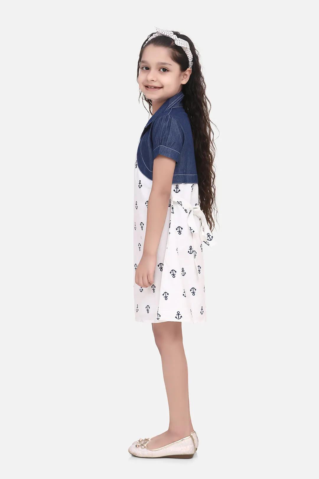 Girl's  White And Blue Anchor Printed Dress With Attached Denim Shrug - StyleStone Kid