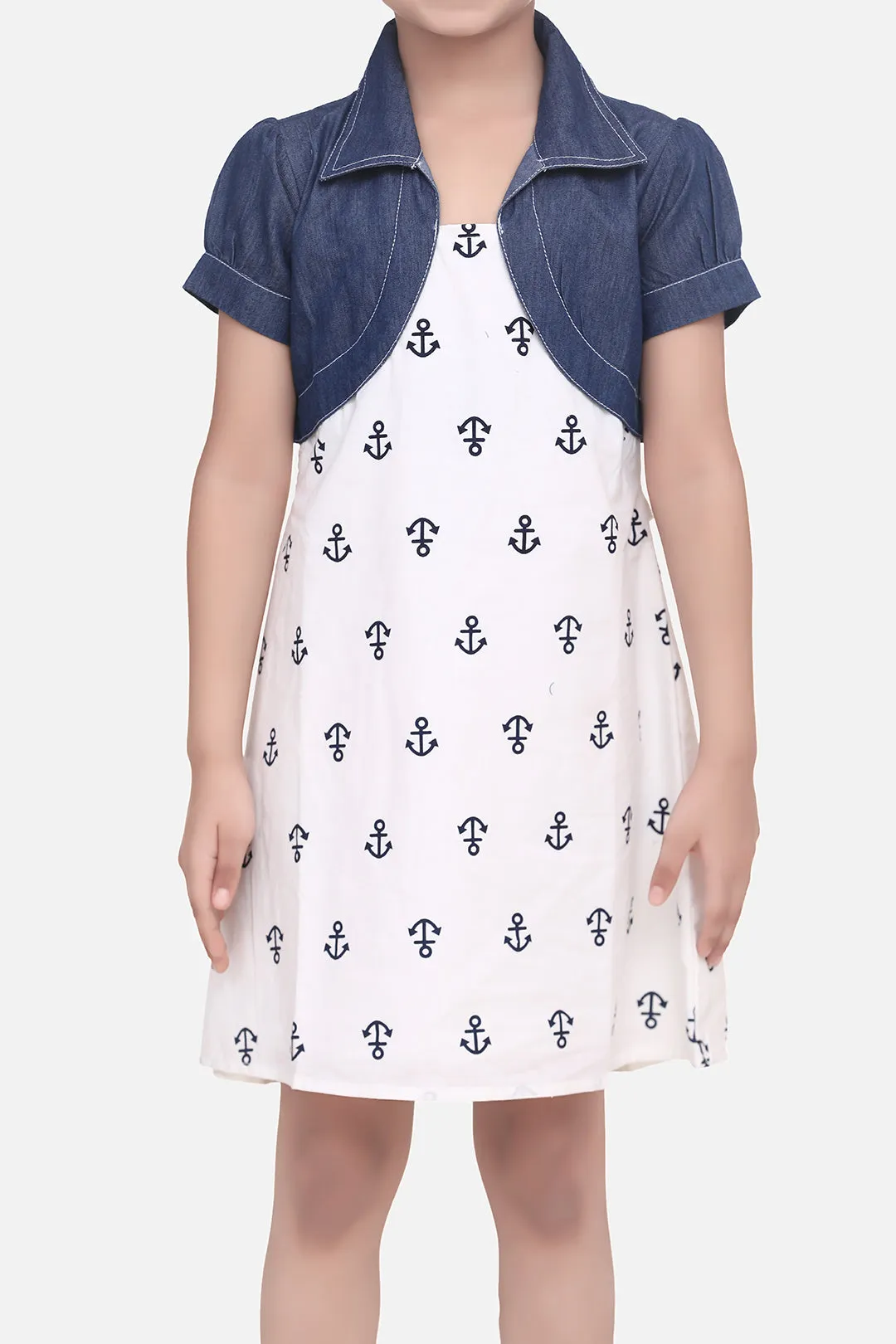 Girl's  White And Blue Anchor Printed Dress With Attached Denim Shrug - StyleStone Kid