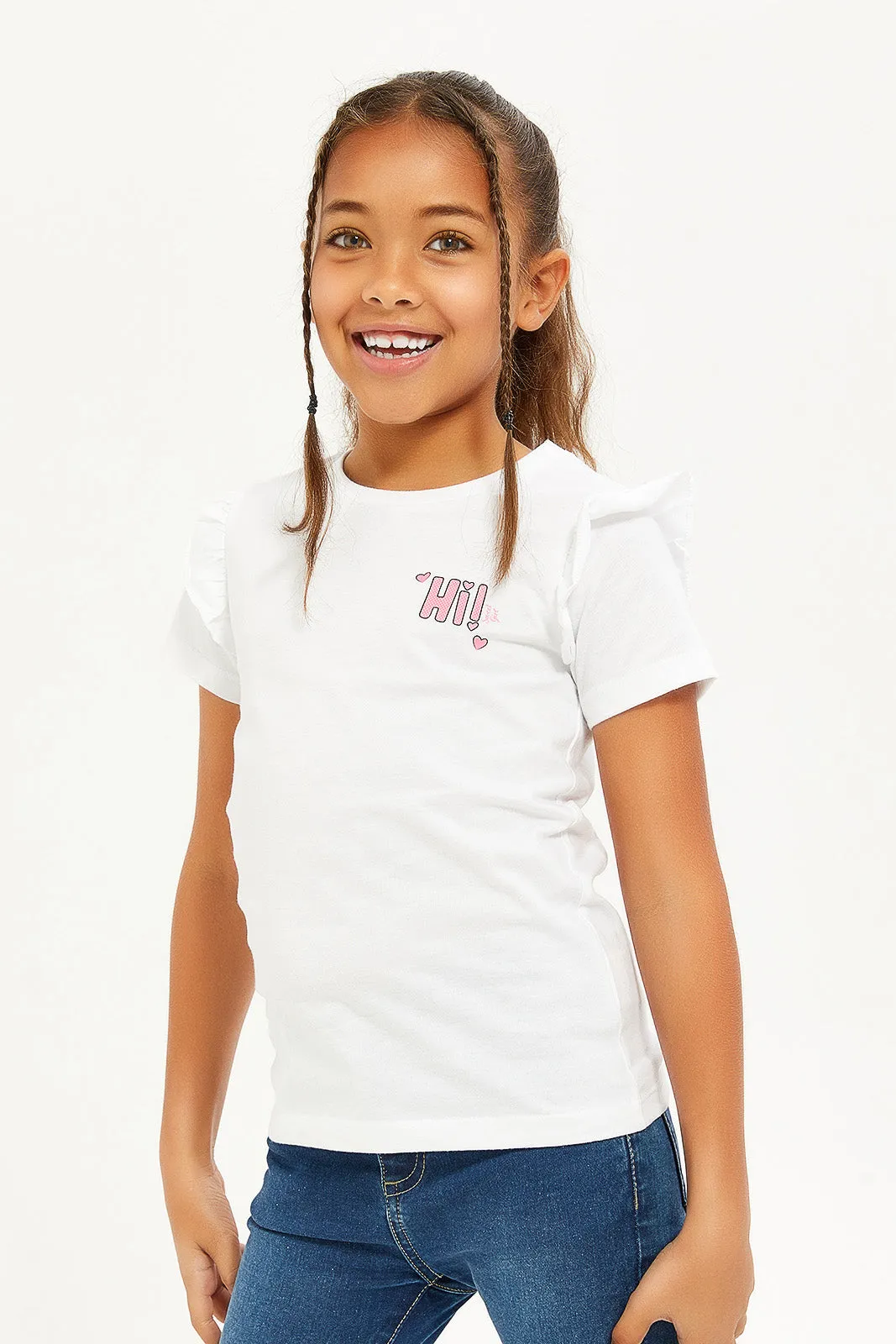 Girls White And Pink Frilled Sleeve T-Shirts Set (Pack Of 2)