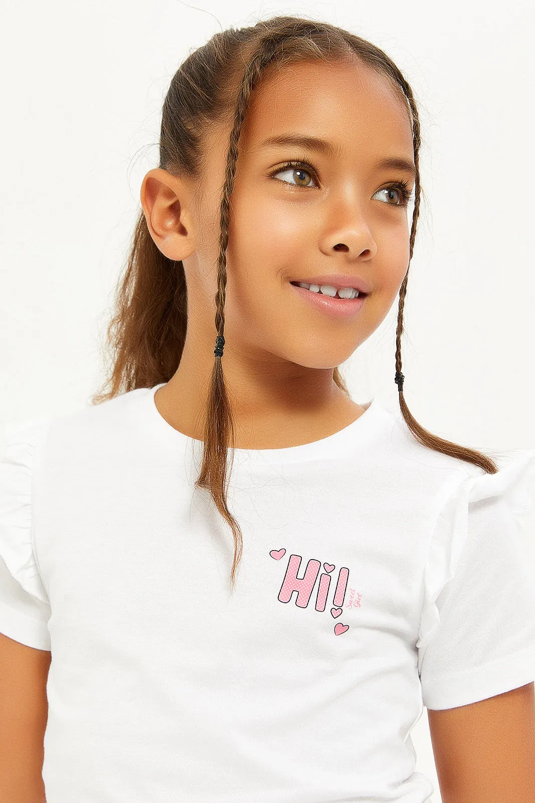 Girls White And Pink Frilled Sleeve T-Shirts Set (Pack Of 2)