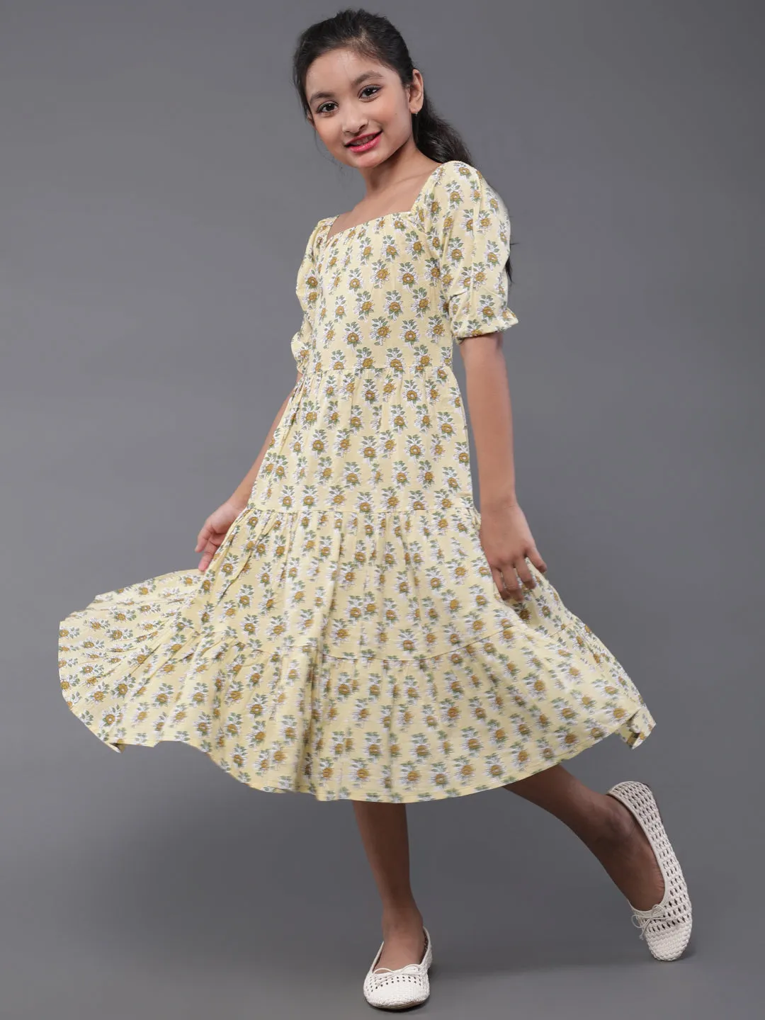 Girl's Yellow Floral Printed Tiered Dress - Aks Girls