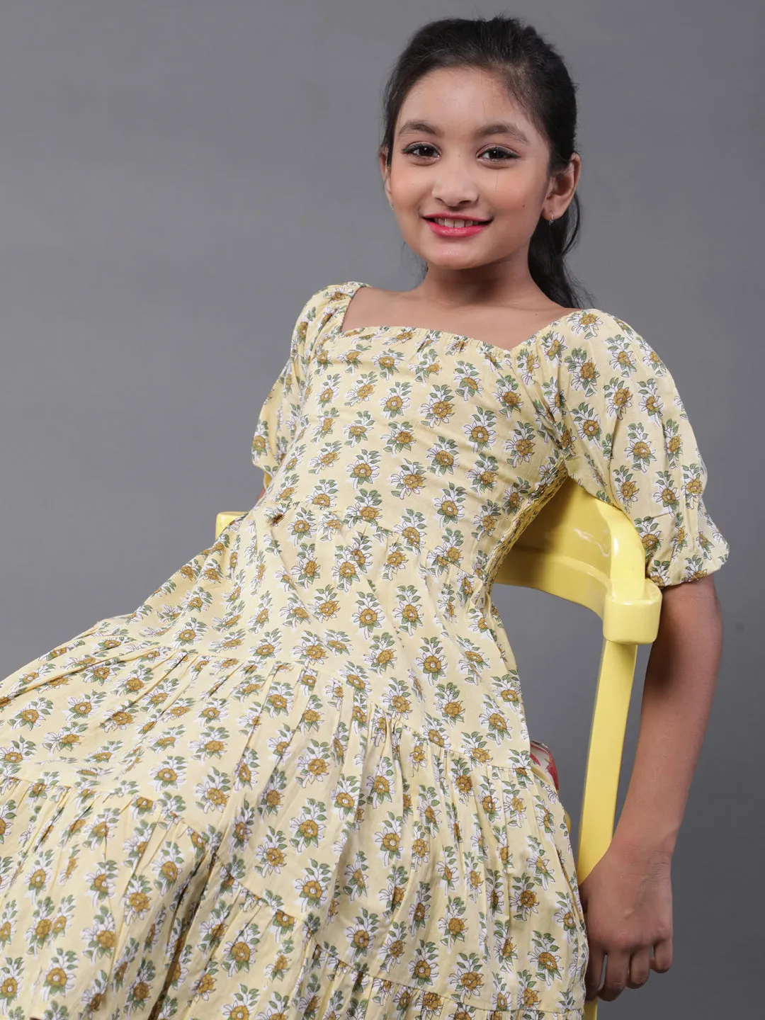 Girl's Yellow Floral Printed Tiered Dress - Aks Girls