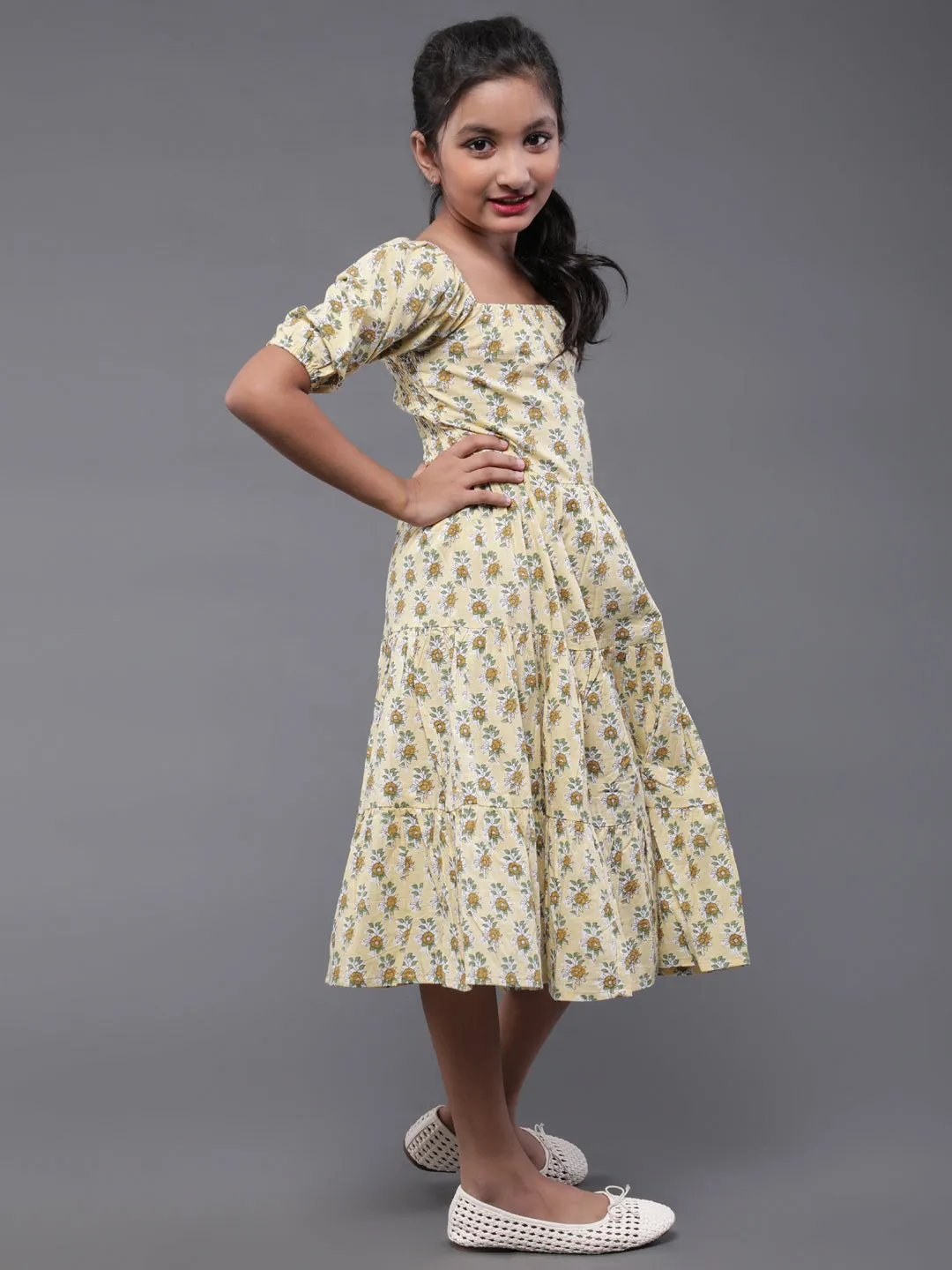 Girl's Yellow Floral Printed Tiered Dress - Aks Girls