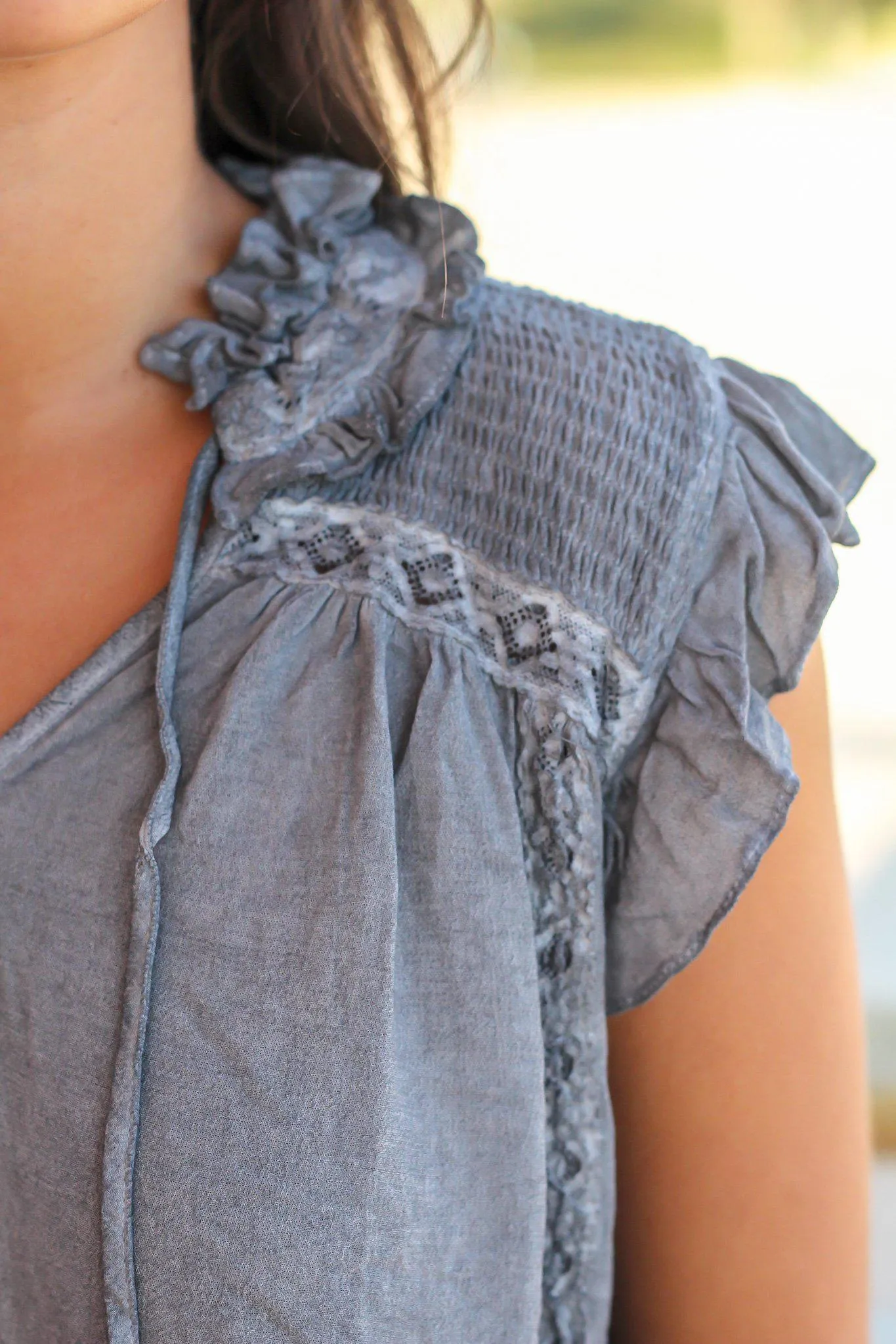 Gray Short Sleeve Top with Ruffles