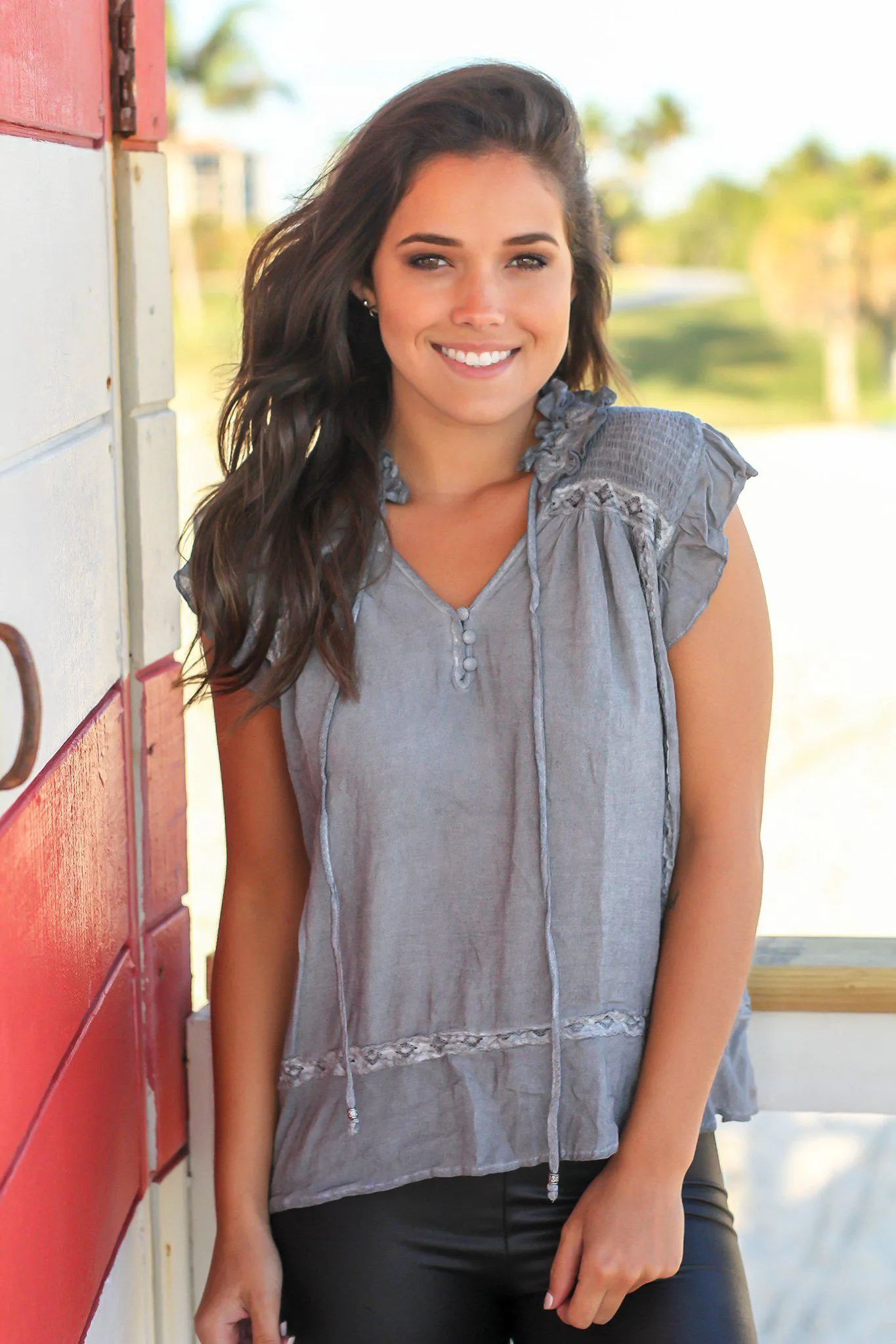 Gray Short Sleeve Top with Ruffles