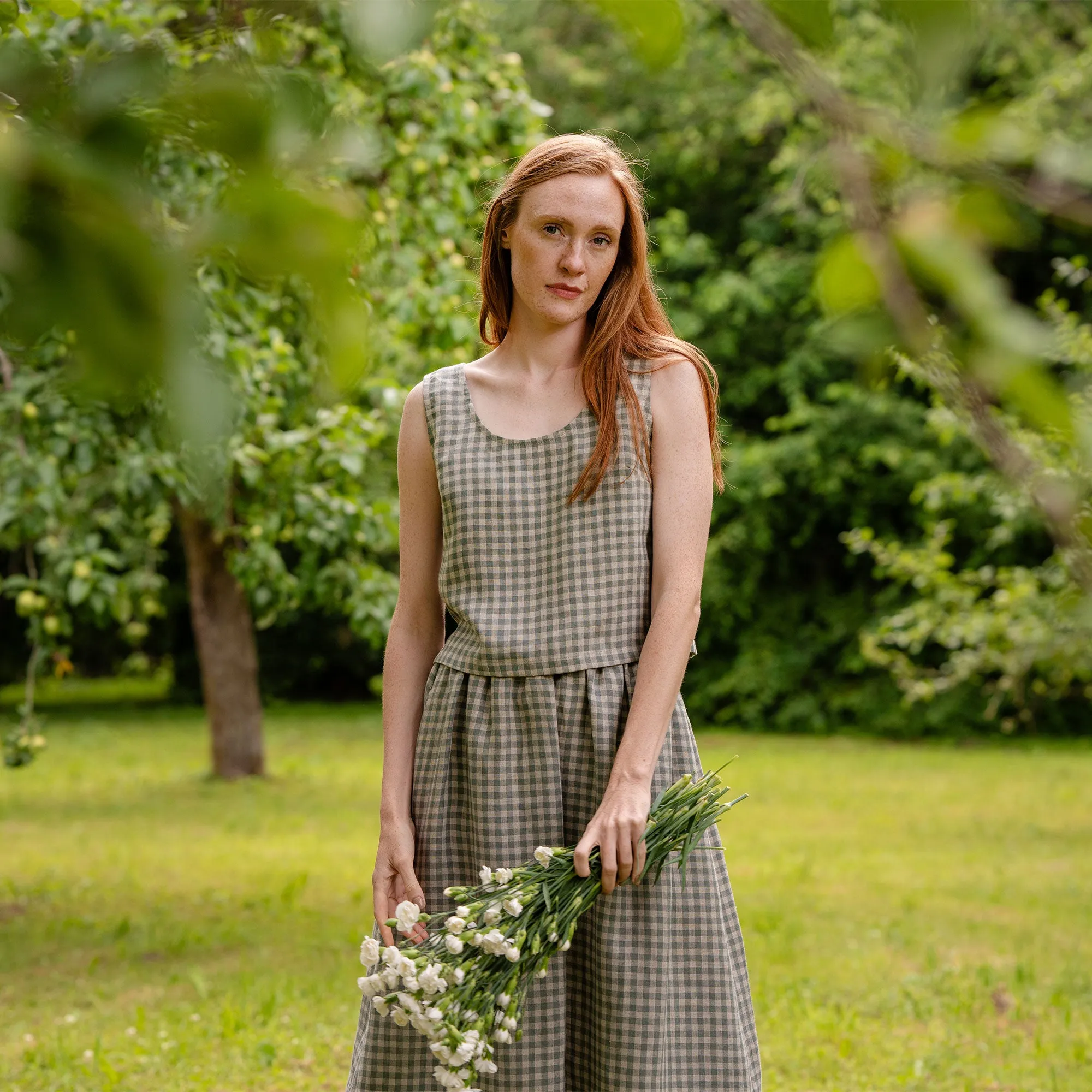 Green Gingham Linen Crop Top Ana