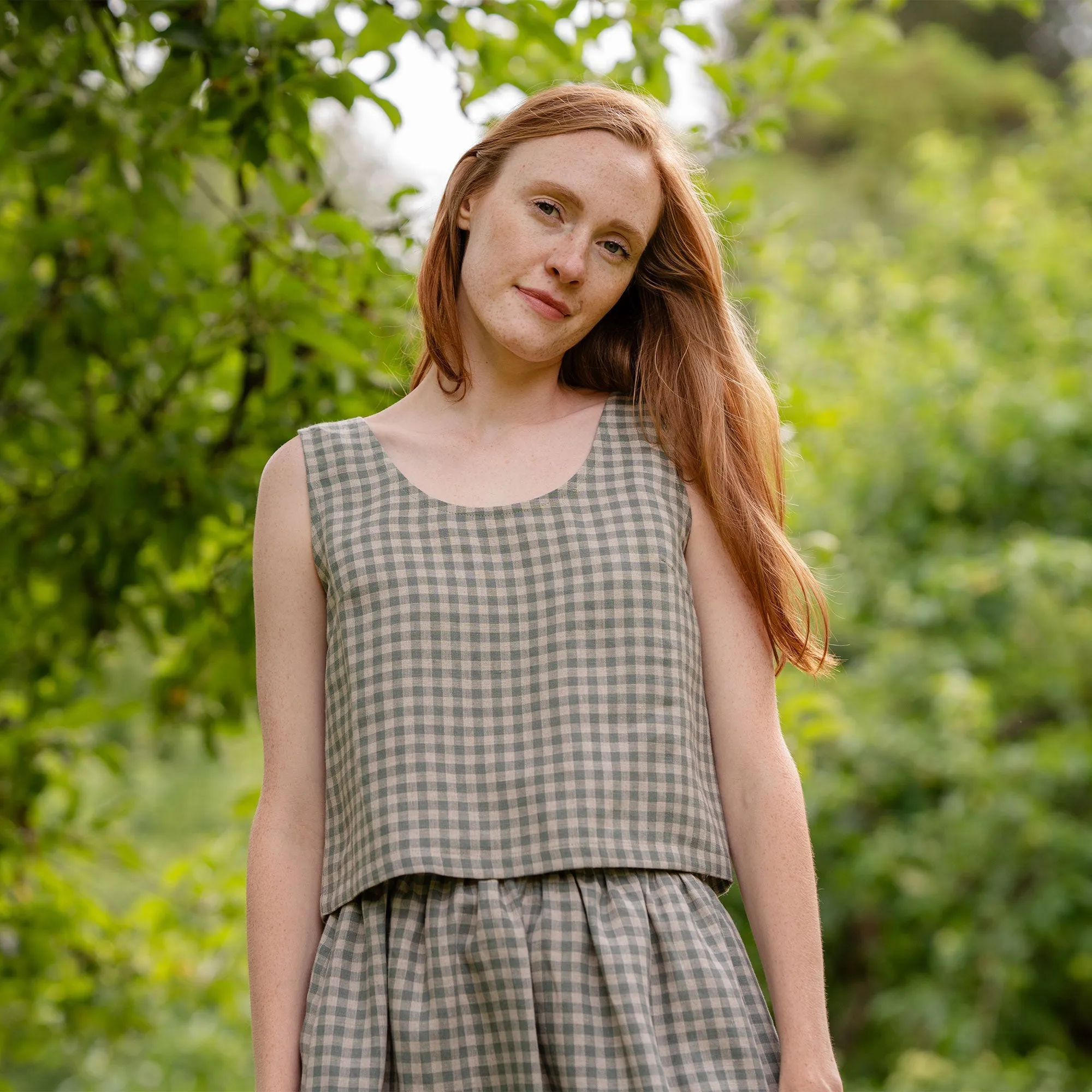 Green Gingham Linen Crop Top Ana