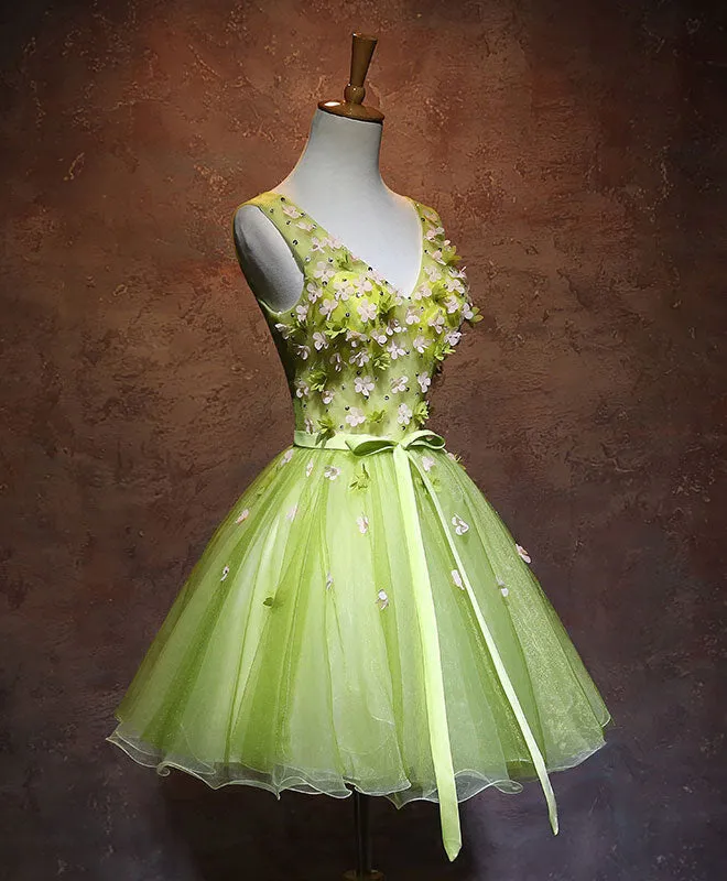 Green V Neck Tulle Short Prom Dress, Green Homecoming Dress