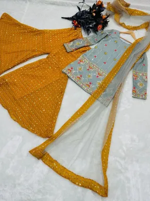 Grey and Yellow Sharara Sets with Embroidery Work