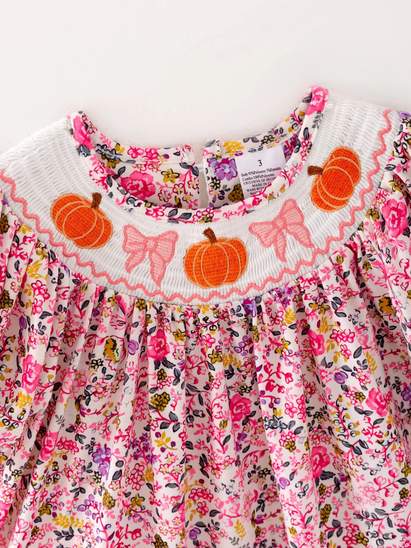 Halloween Girls Smocking Pumpkin Bow Embroidered Short Sleeve Dress