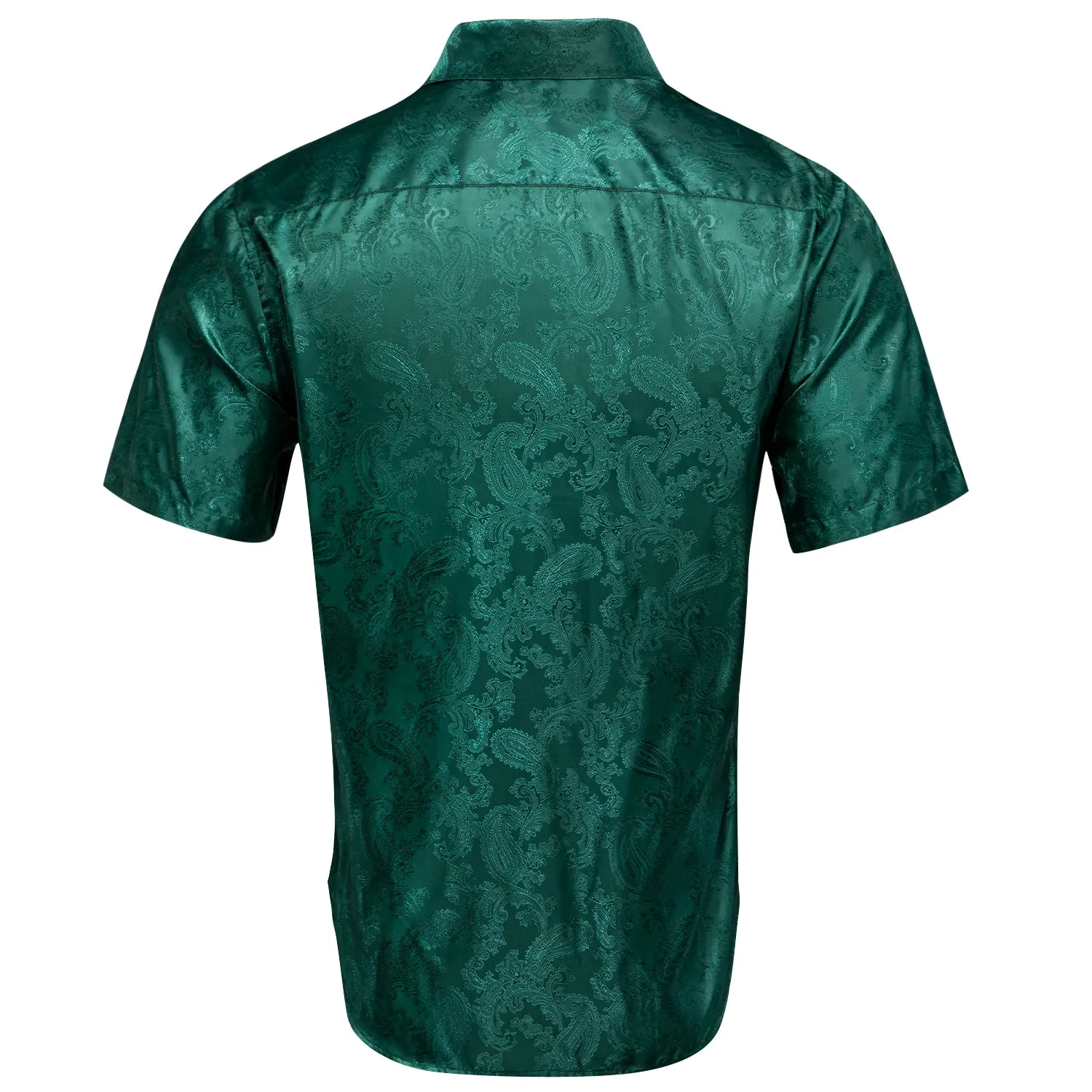 Hi-Tie Dark Green Paisley Silk Men's Button Up Short Sleeve Shirt