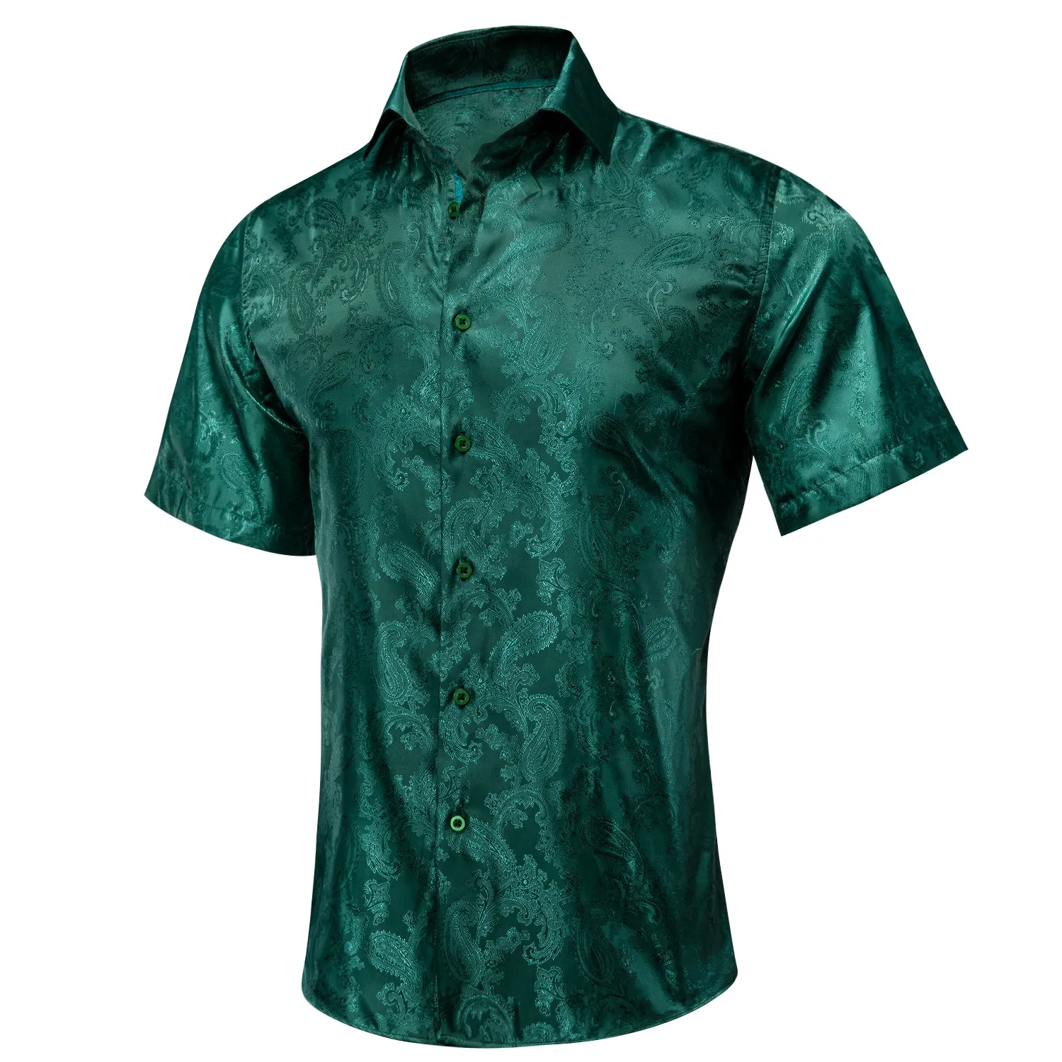 Hi-Tie Dark Green Paisley Silk Men's Button Up Short Sleeve Shirt