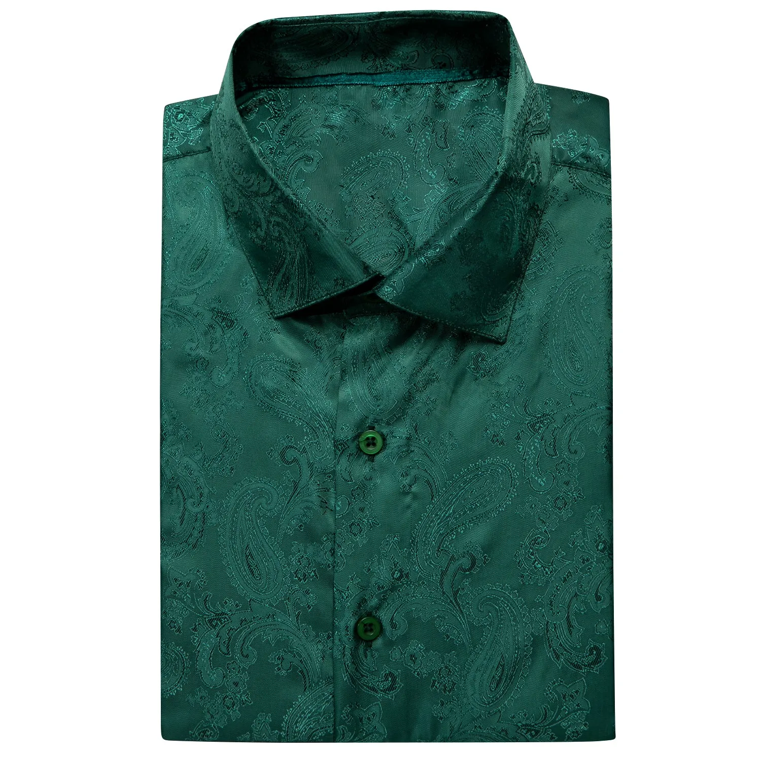 Hi-Tie Dark Green Paisley Silk Men's Button Up Short Sleeve Shirt