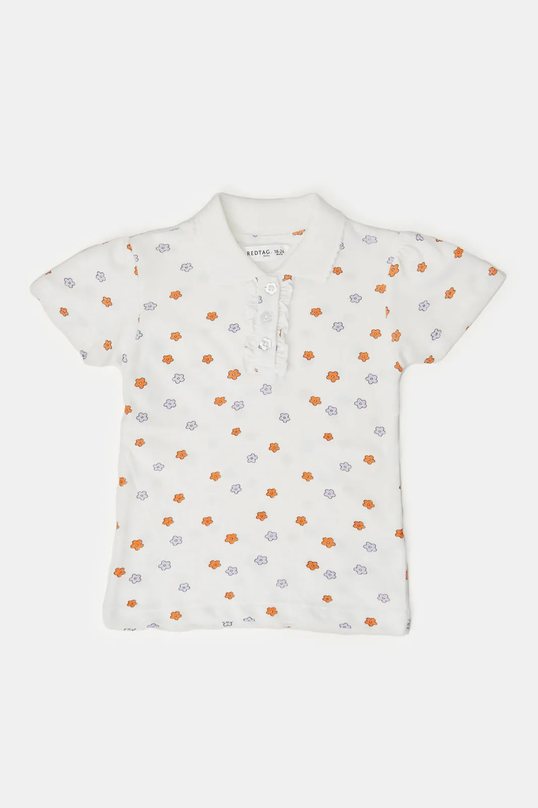 Infant Girls White Floral All Over Print Polo T-Shirt