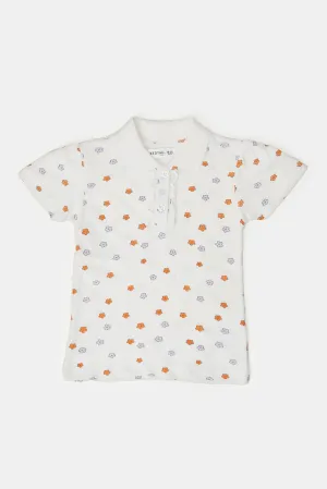 Infant Girls White Floral All Over Print Polo T-Shirt