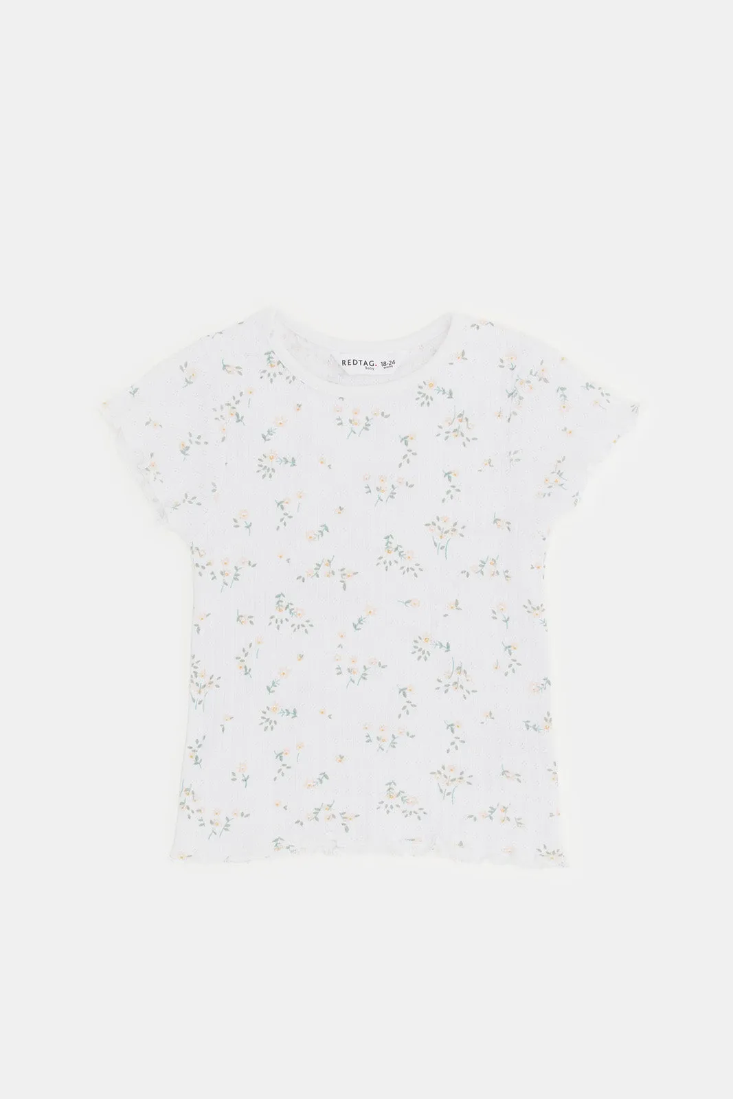 Infant Girls White Printed Ribbed T-Shirt