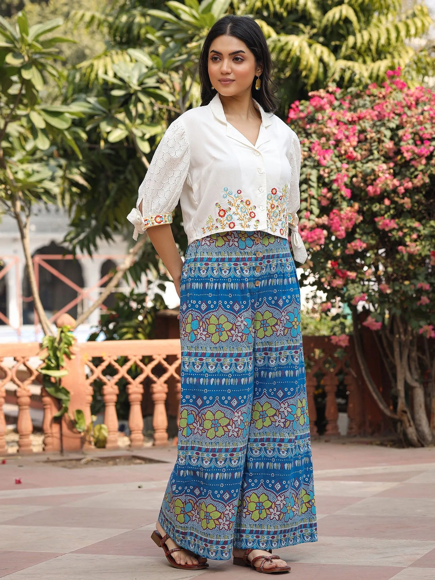 Jashvi Blue Floral Printed Rayon Schiffli Top & Pants Set With Thread Work