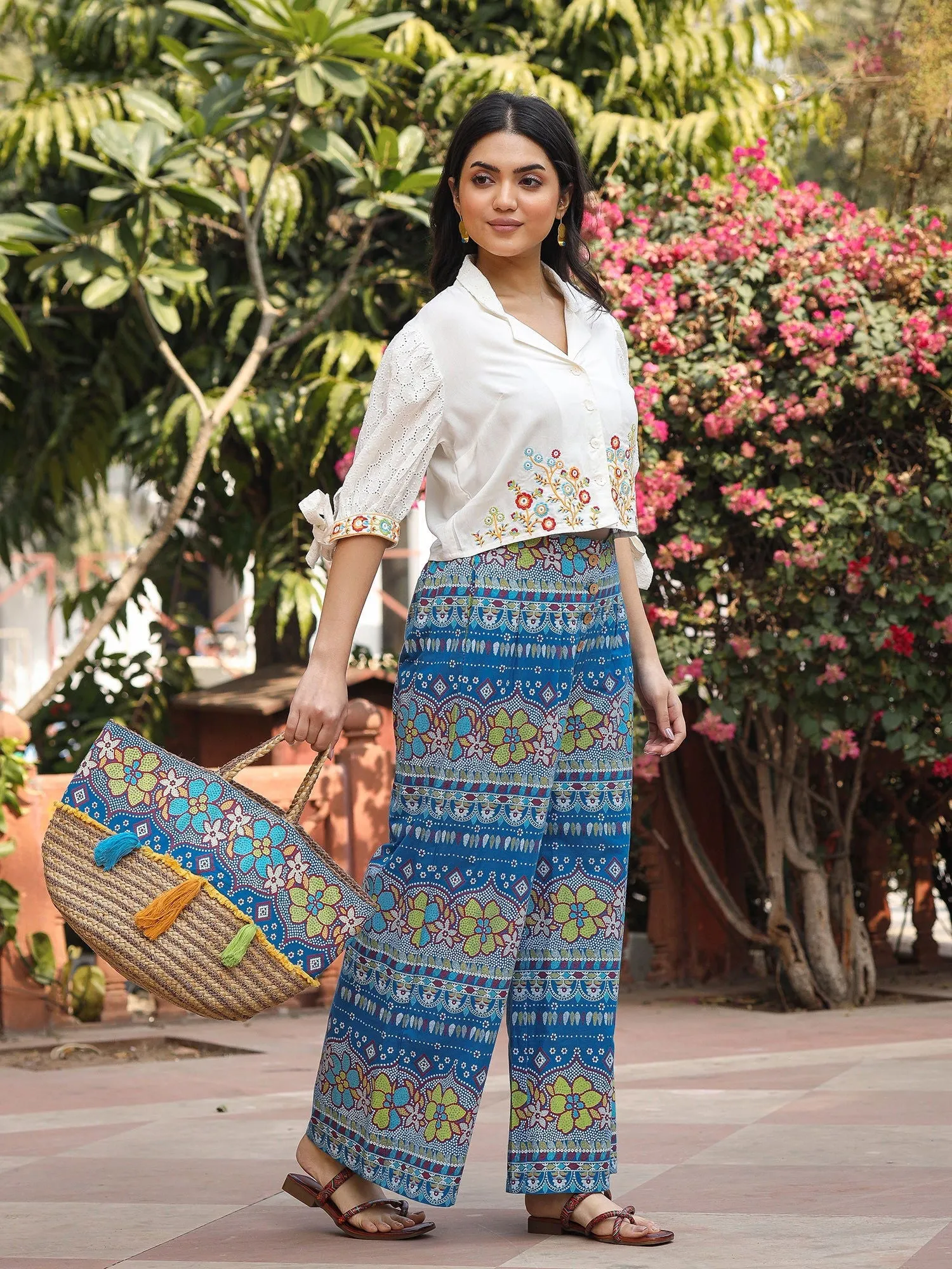 Jashvi Blue Floral Printed Rayon Schiffli Top & Pants Set With Thread Work