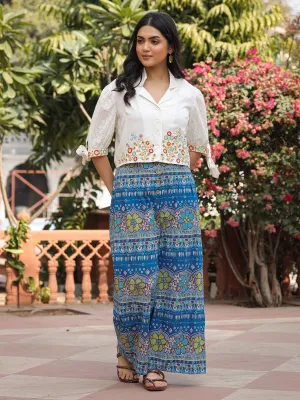 Jashvi Blue Floral Printed Rayon Schiffli Top & Pants Set With Thread Work