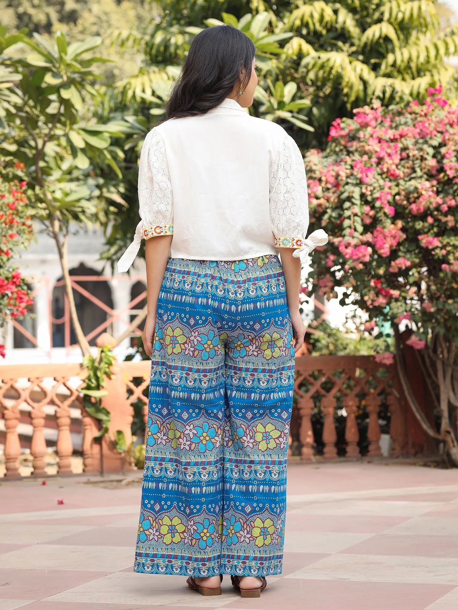 Jashvi Blue Floral Printed Rayon Schiffli Top & Pants Set With Thread Work