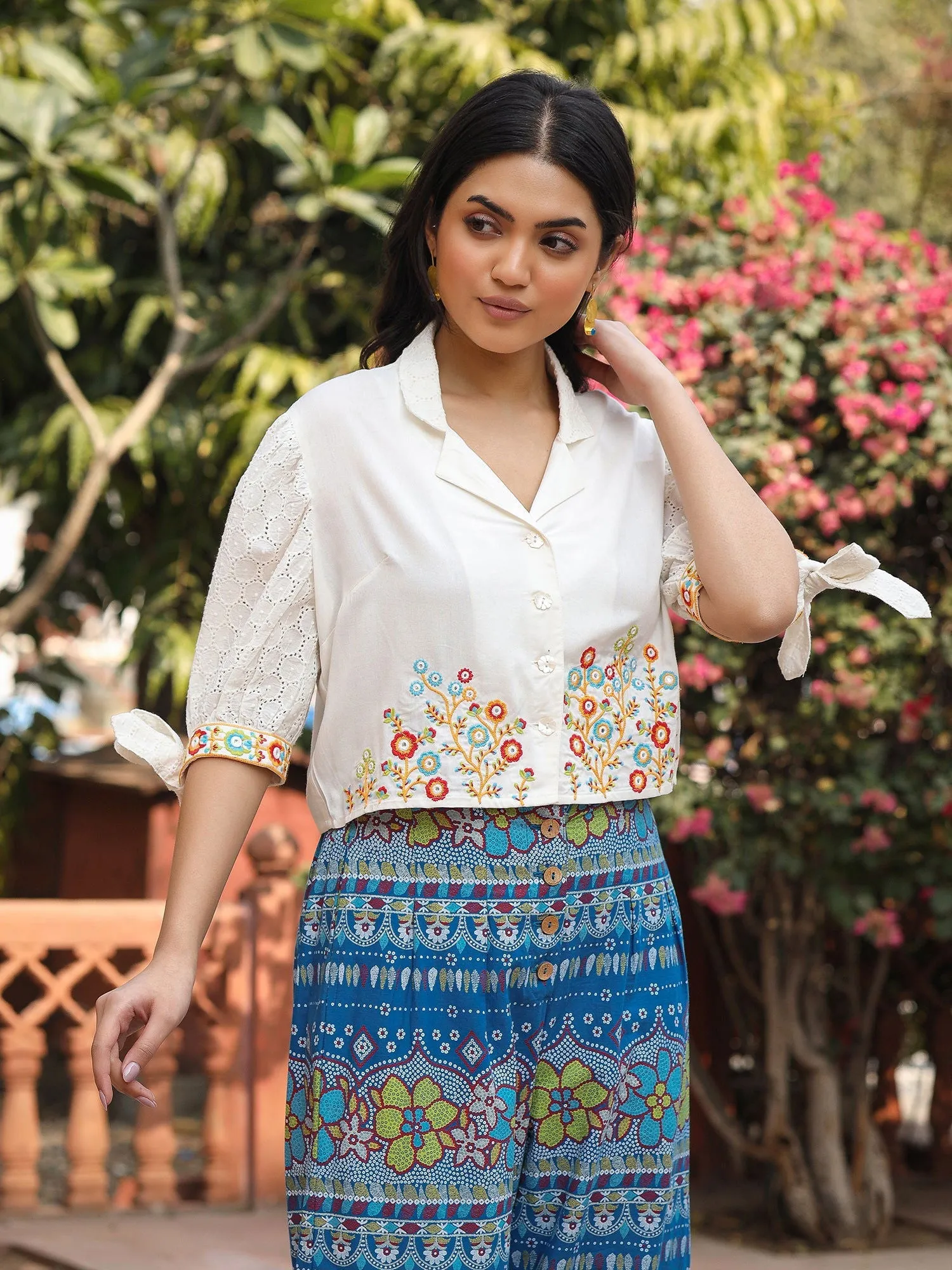 Jashvi Blue Floral Printed Rayon Schiffli Top & Pants Set With Thread Work