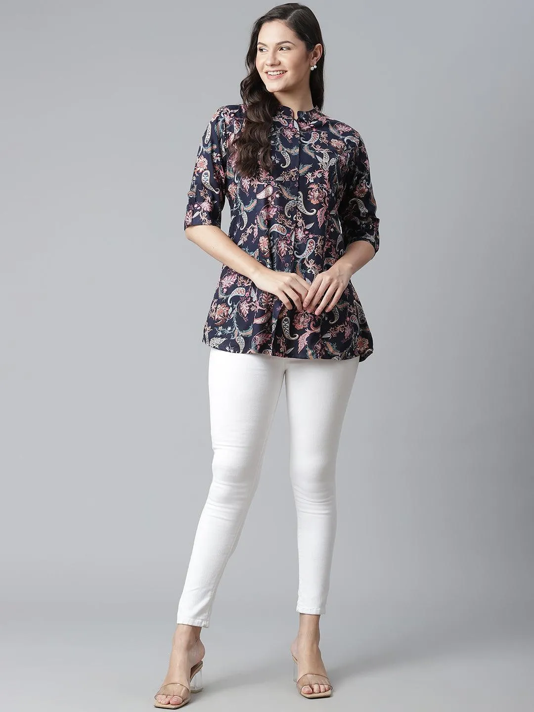 Jashvi Blue Printed Rayon Shirt Style A-Line Top