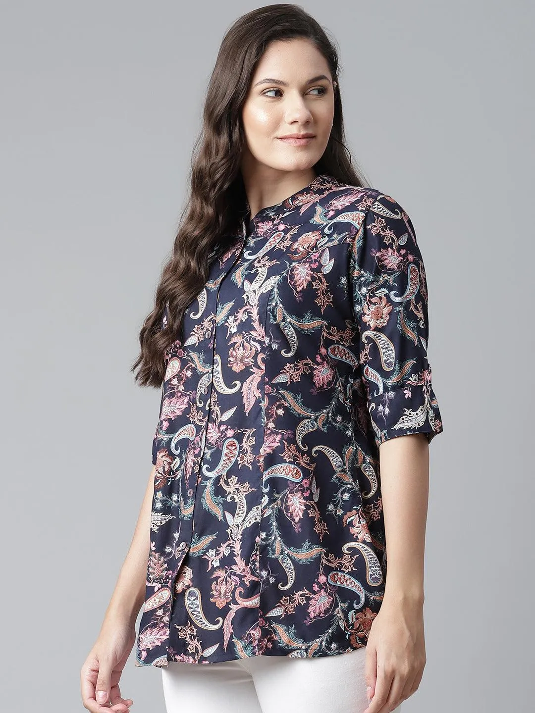 Jashvi Blue Printed Rayon Shirt Style A-Line Top