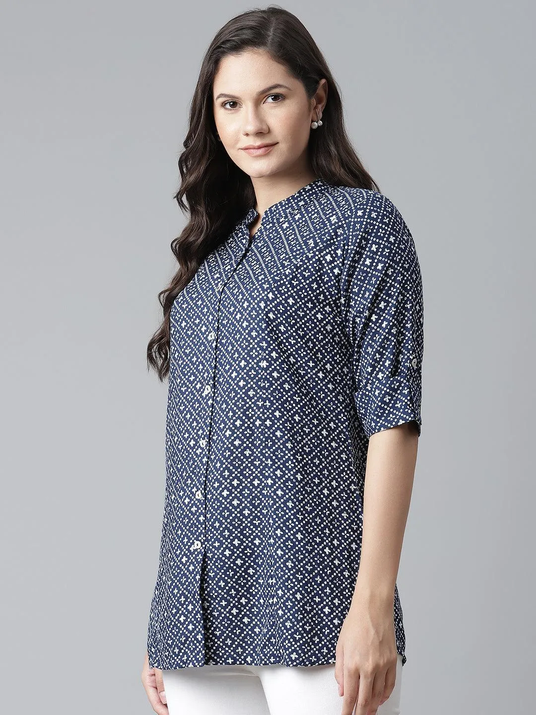 Jashvi Blue Rayon Printed Shirt Style Top