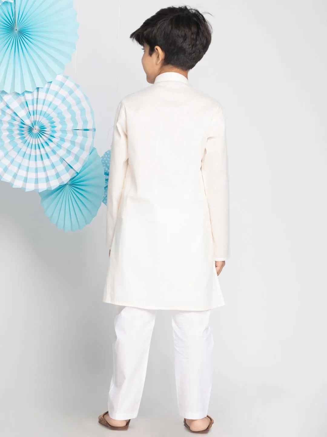 Jashvi Boys' Cream And White Kurta Pyjama Set