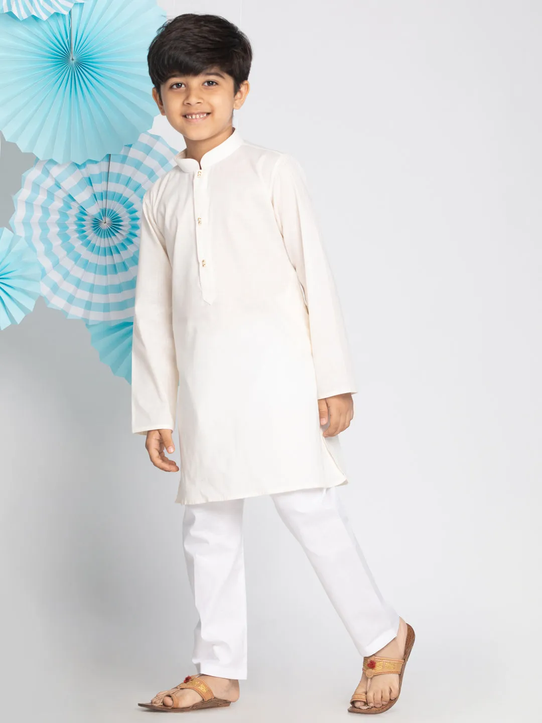 Jashvi Boys' Cream And White Kurta Pyjama Set