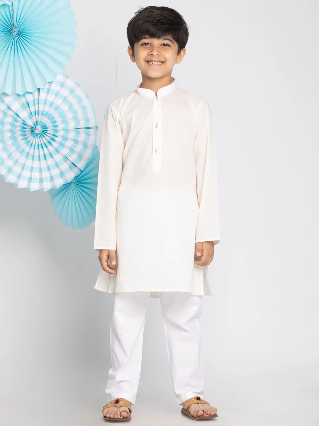 Jashvi Boys' Cream And White Kurta Pyjama Set