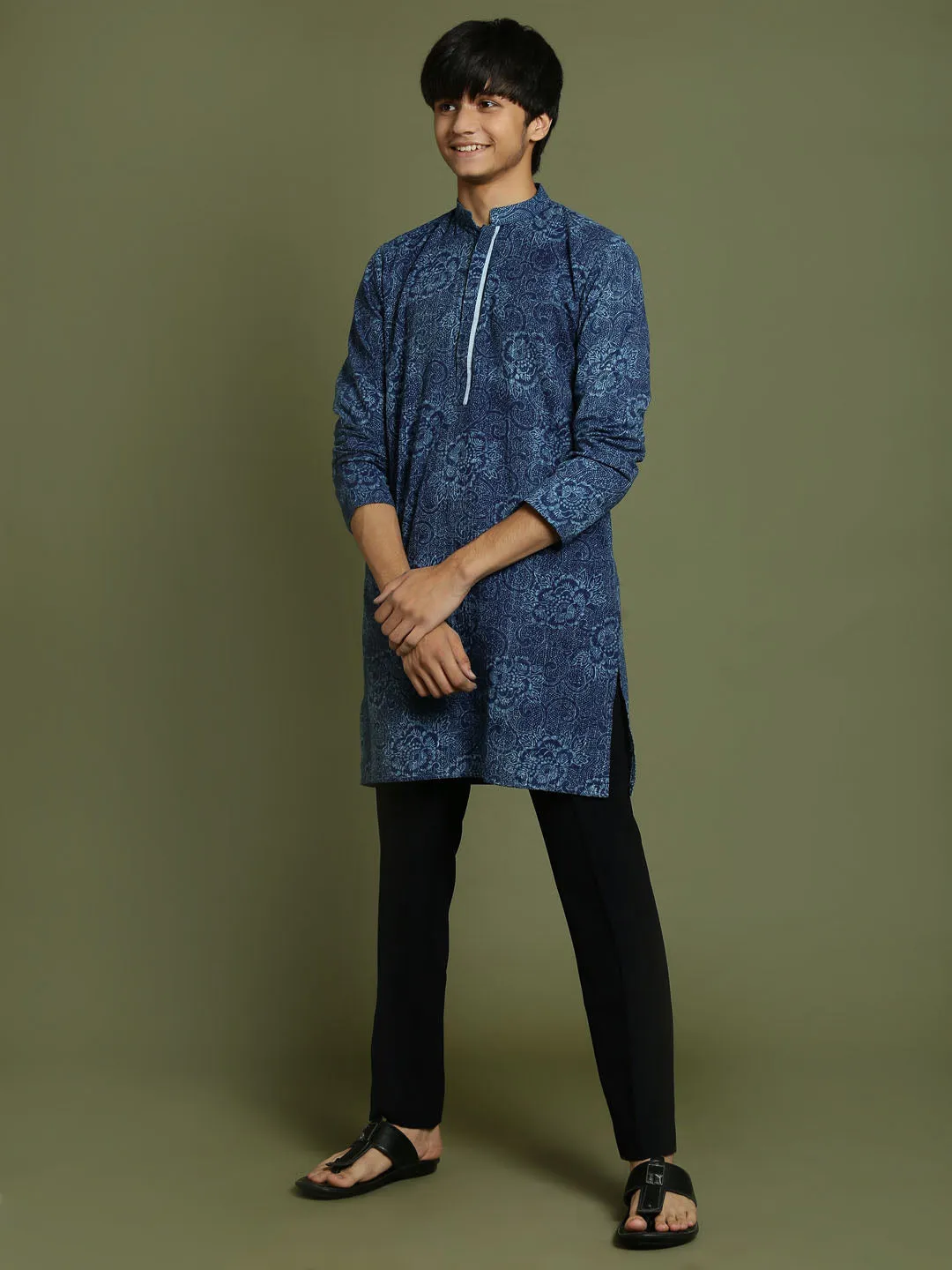 Jashvi Boys Indigo Denim Printed Kurta