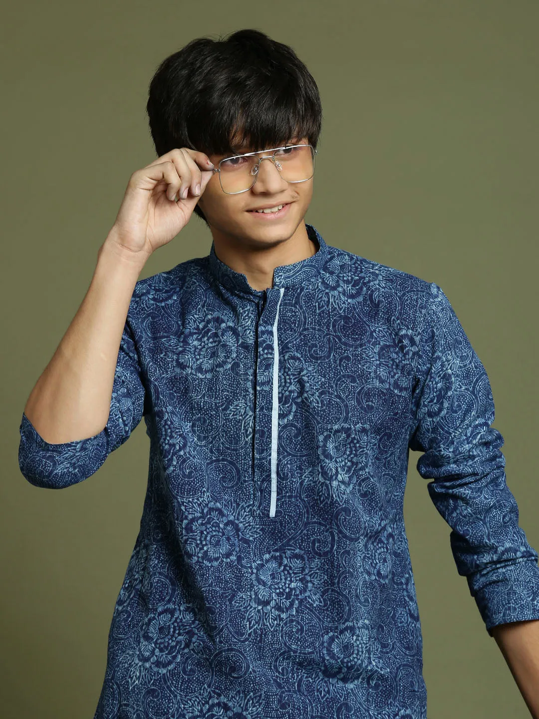 Jashvi Boys Indigo Denim Printed Kurta