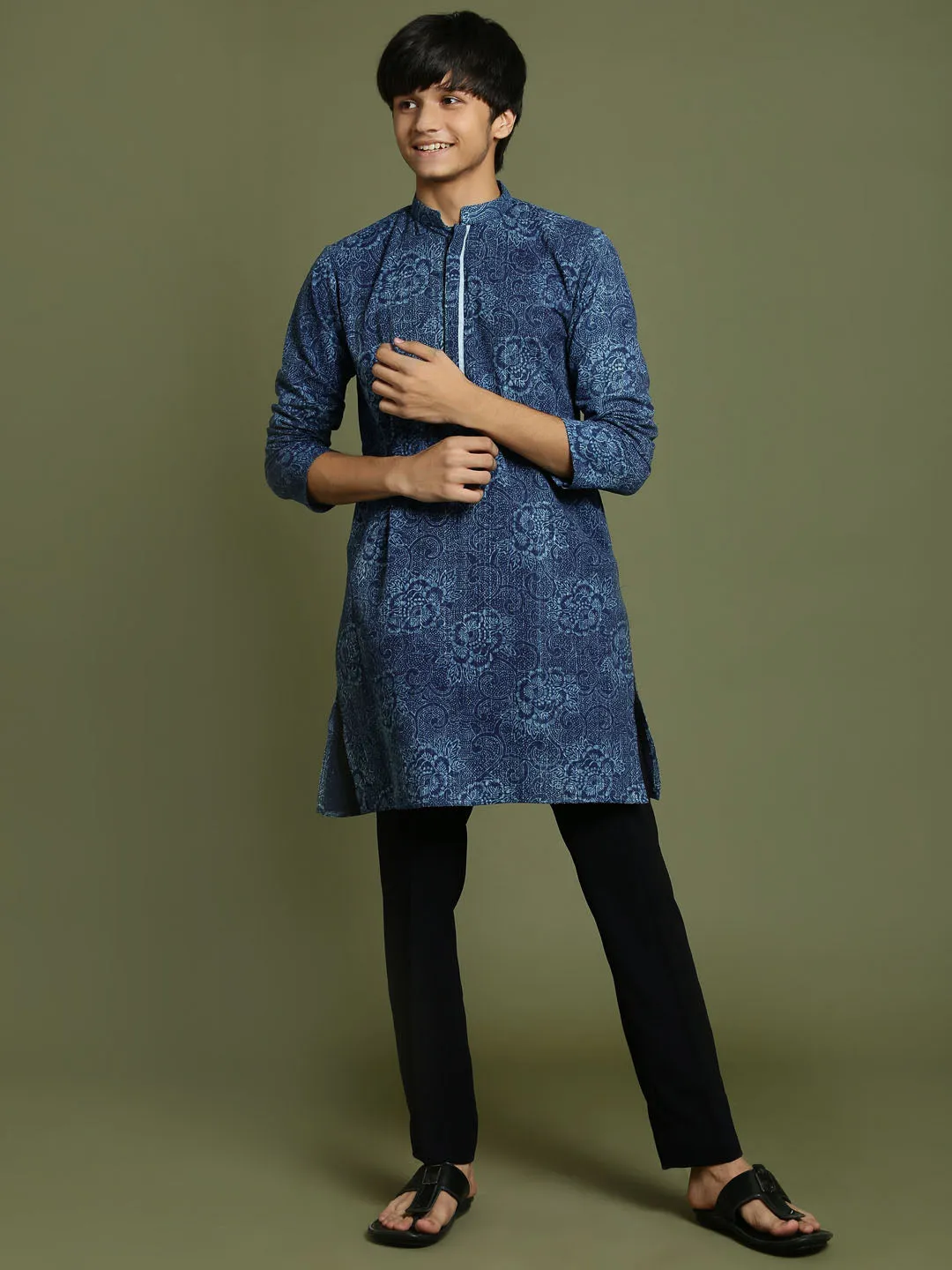 Jashvi Boys Indigo Denim Printed Kurta