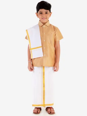 Jashvi Boys' Rose gold Silk Short Sleeves Ethnic Shirt Mundu Vesty Style Dhoti Pant Set