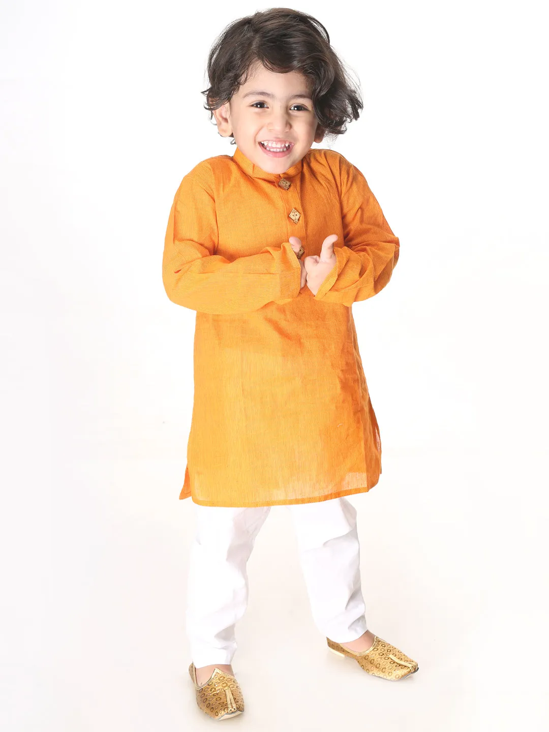 Jashvi Boys Yellow and White Pure Cotton Kurta Pyjama Set