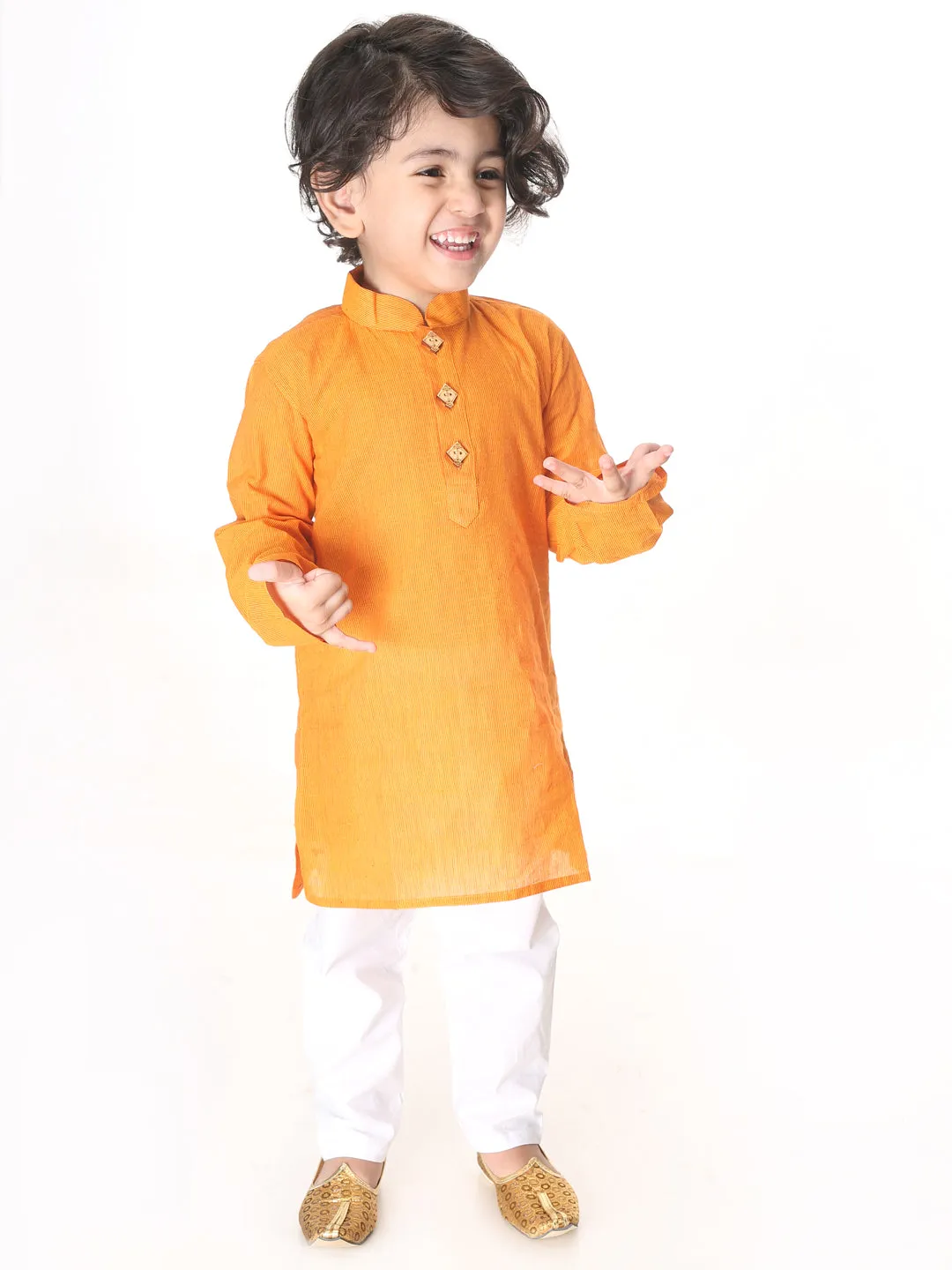 Jashvi Boys Yellow and White Pure Cotton Kurta Pyjama Set