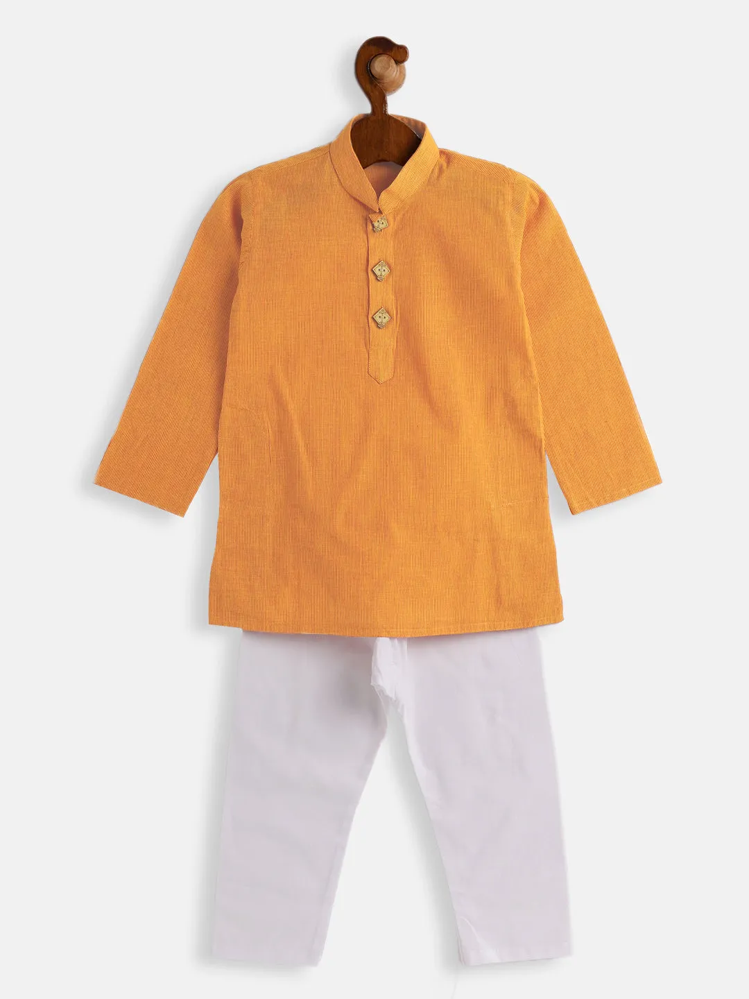 Jashvi Boys Yellow and White Pure Cotton Kurta Pyjama Set