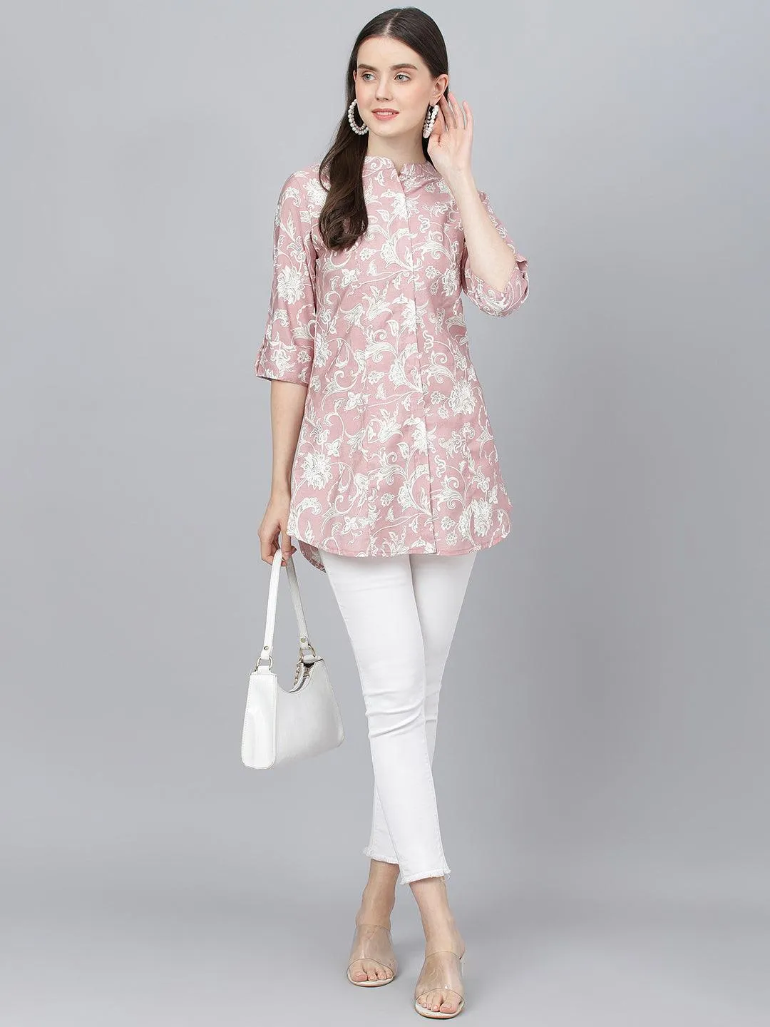 Jashvi Dusty pink Floral printed Modal A-line Shirts Style Top